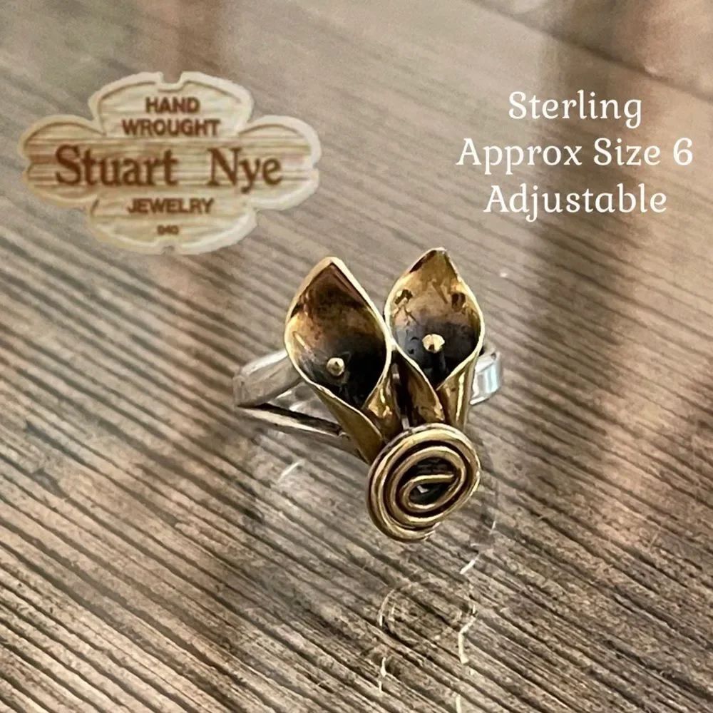 Stuart Nye Brass and Silver Calla Lily Floral Ring Size 6 Adjustable